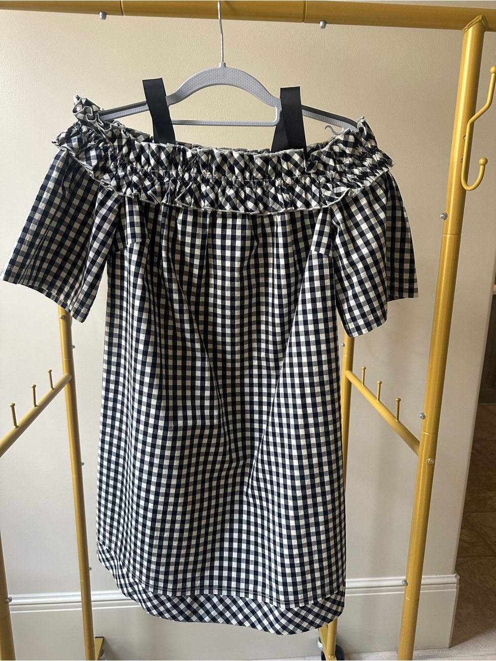 Vineyard Vines Black and White Gingham Off-Shoulder mini Dress